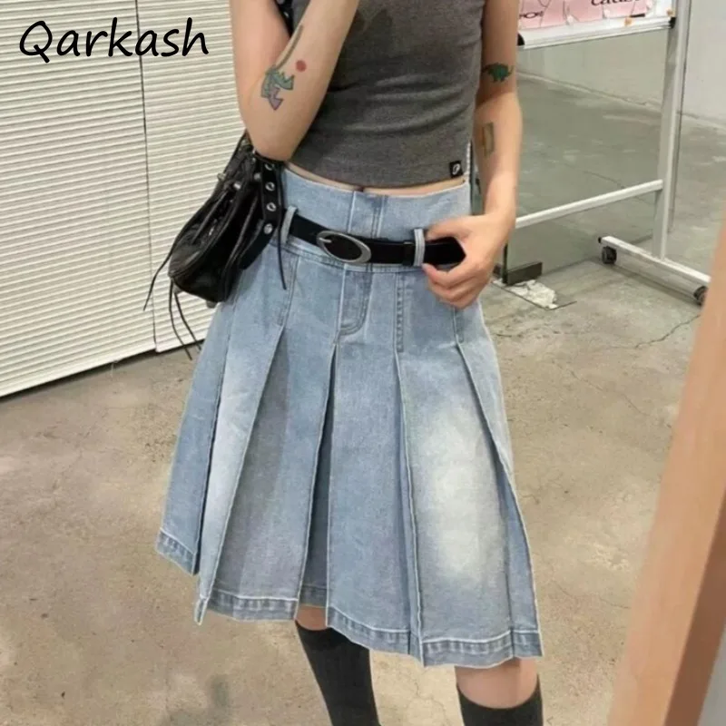 

Denim Pleated Skirts Women Summer New Daily High Waist Slim A-line American Chic Hot Girls Streetwear Light Blue Washed Trousers