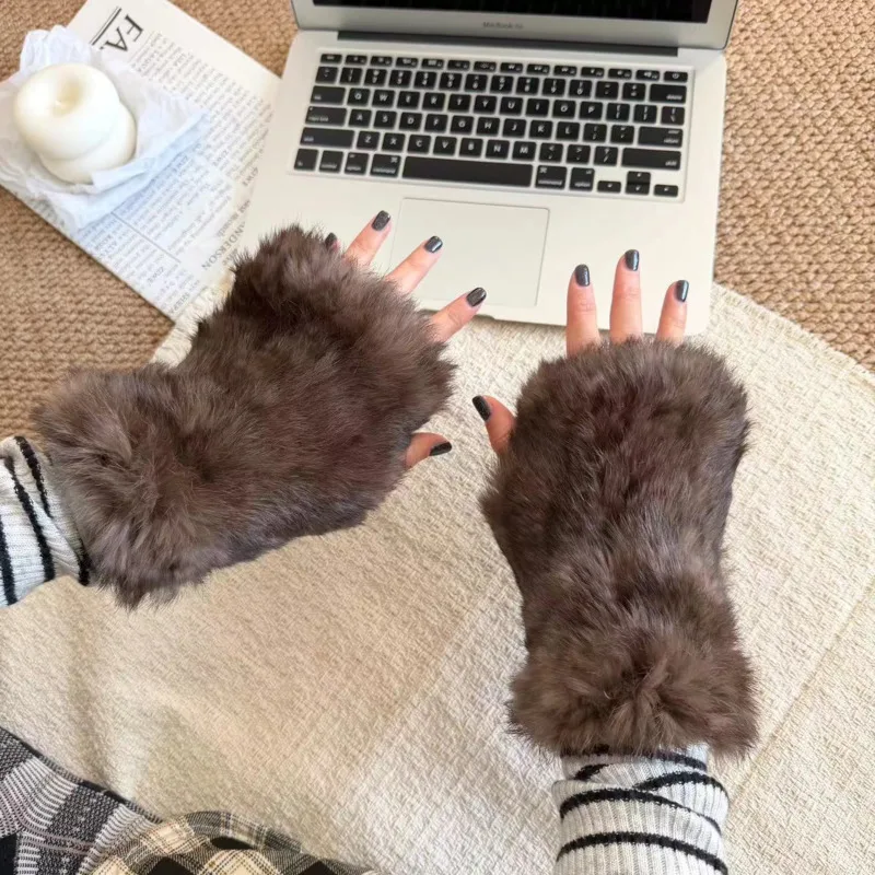 Sable-colored real rabbit fur gloves, thickened and warm, fingerless with wrist protection, half-finger gloves for office
