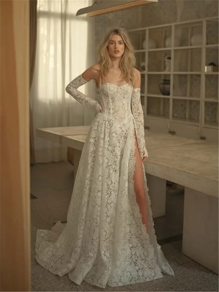 

Lace Wedding Dress Vestido De Noiva Minimalista Mangas Desmontables Novia Corset Beach Vestidos Alta Costura Para Boda Casamento