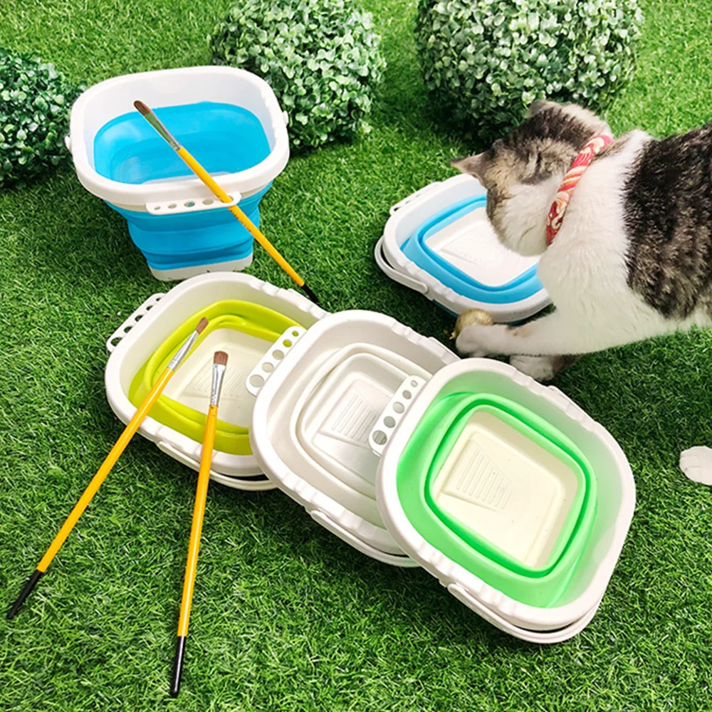 Silicone Foldable Brush Washing Bucket, Extendable Water Bucket for Watercolor Painting, Portable Folding Bucket with Pen Holder, Art Painting Brush Washing Bucket, Mini Folding Basin for Outdoor Camping and Fishing