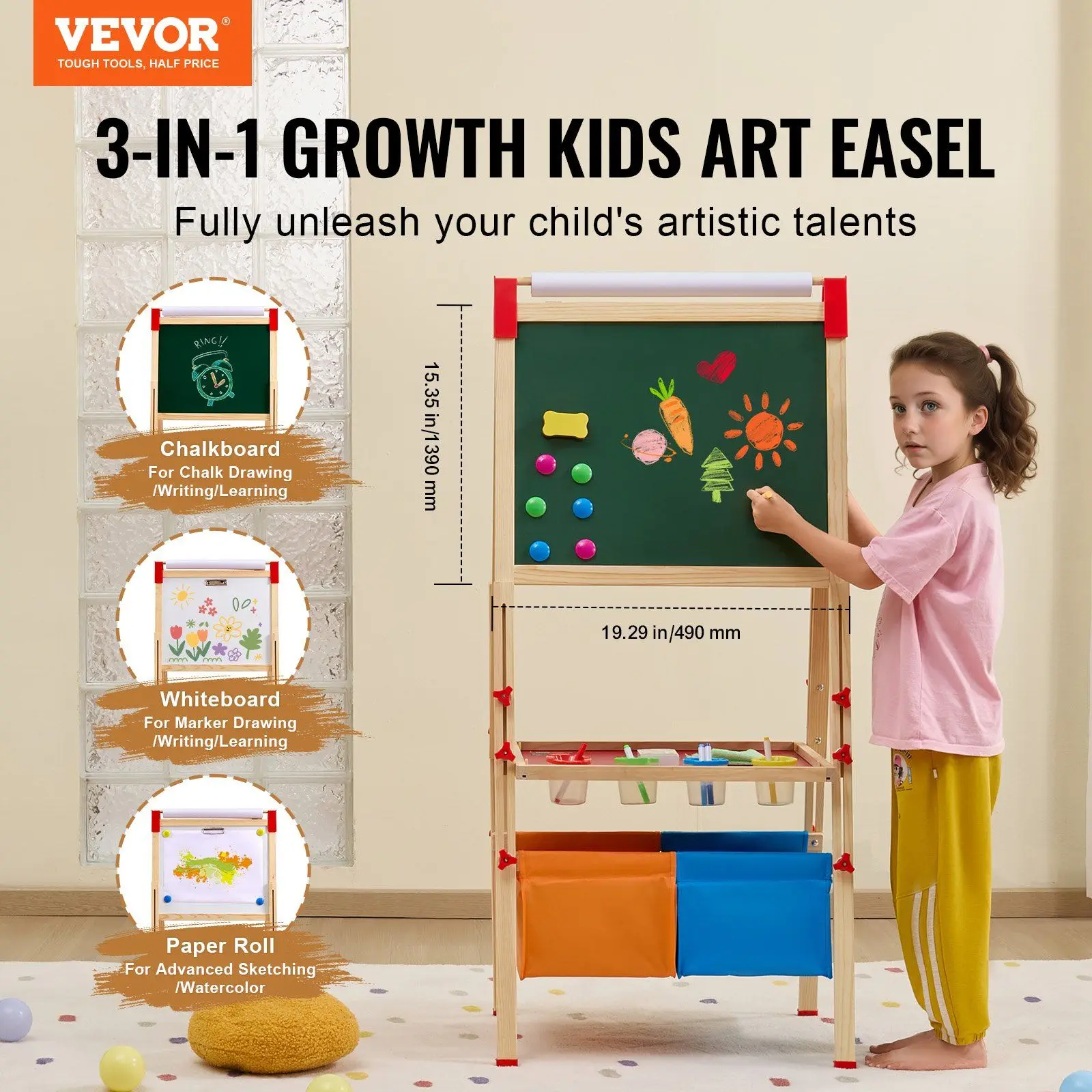 3-in-1 Kids Art Easel Double-Sided Wooden Magnetic Whiteboard Chalkboard