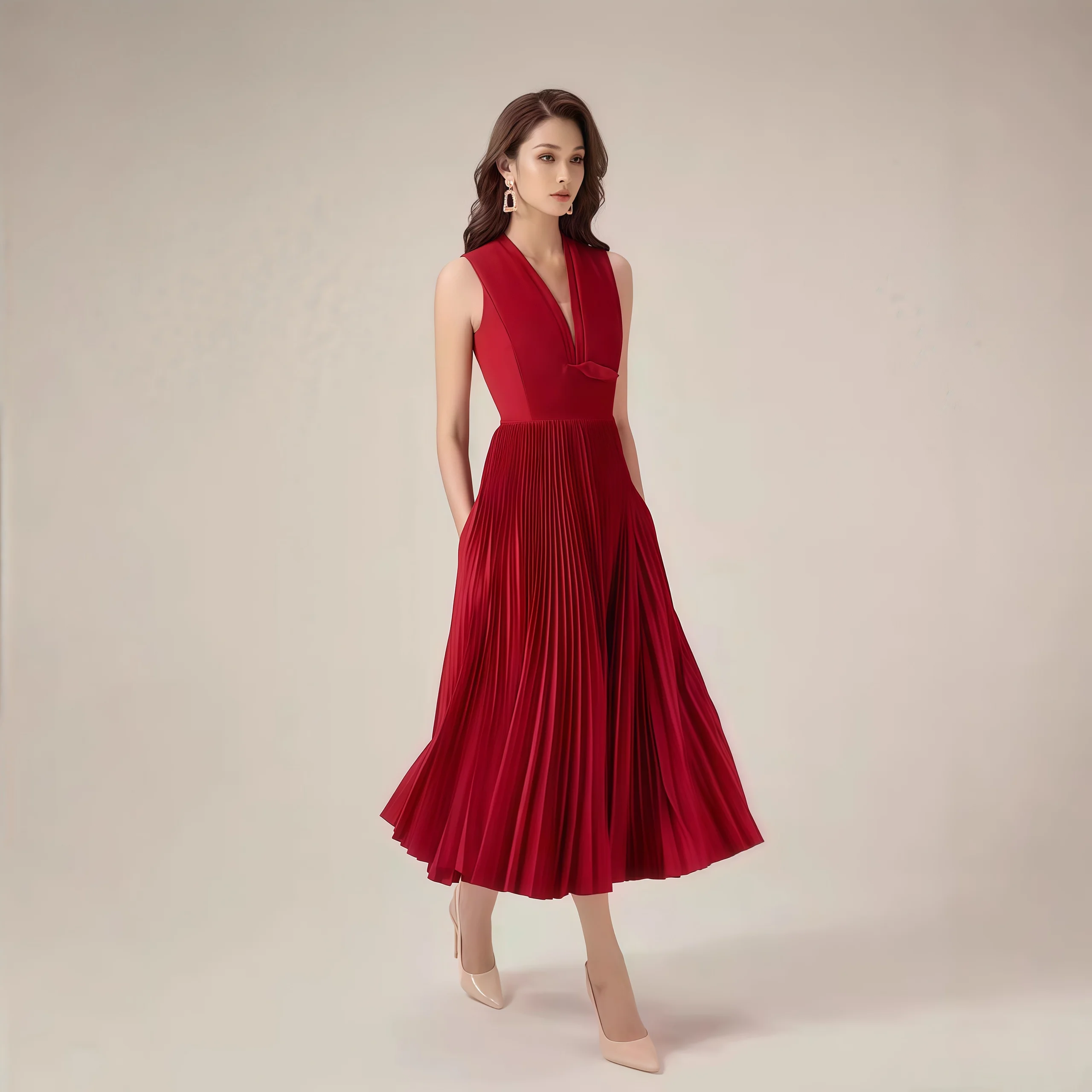 Ele High Waist Midi Satin Wrap Dr Vest Dr Pleated Skirt Commute Sle Summer Women's Faion V Ne Bal Dr