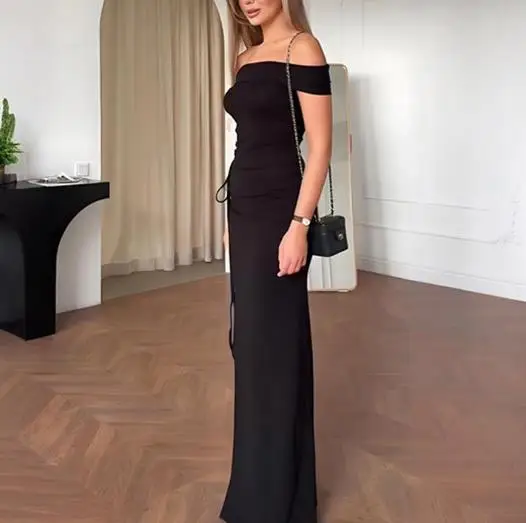 

Women's Two-Piece Set 2025 Latest Hot Selling New Solid Color Sleeveless Backless Top with Straps, Hip Hugging Long Skirt Set