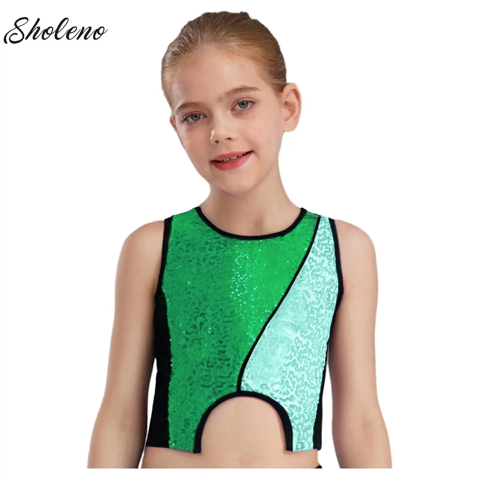 

Youth Girls Sequins Modern Jazz Hip-pop Street Ballet Dance Costume Sleeveless Crop Top Top Performance Carnival Party Costume