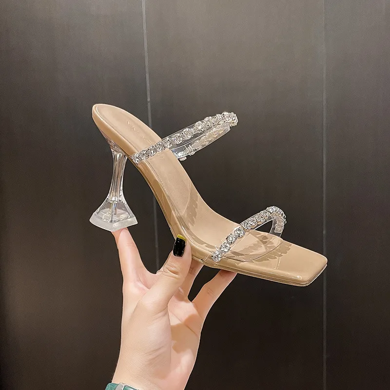 

34Crystal High Heels shoes Pointed Back Empty Sandals Women One-word Buckle sexy Sandalias Gladiator Ladies retro party shoes