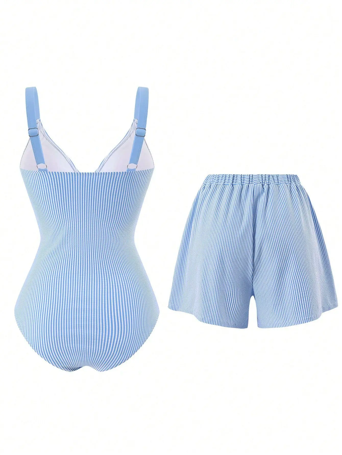  Women's One-Piece Swimsuit And Shorts Set Sky Blue Hollow Out Cross Slim Tummy Control Swimwear Beach Holiday Bathing Suit
