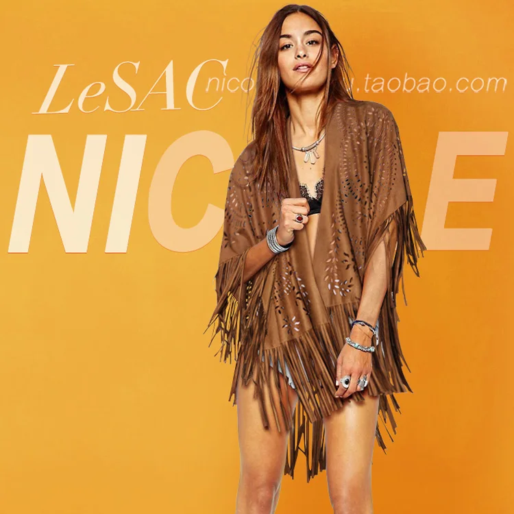 Chic Geometric Hollow Out Suede Tassels Coat Batwing-sleeve Irregular Jacket Eyelet Fringed Coat Ins Shawl Cardigan Tops jaqueta