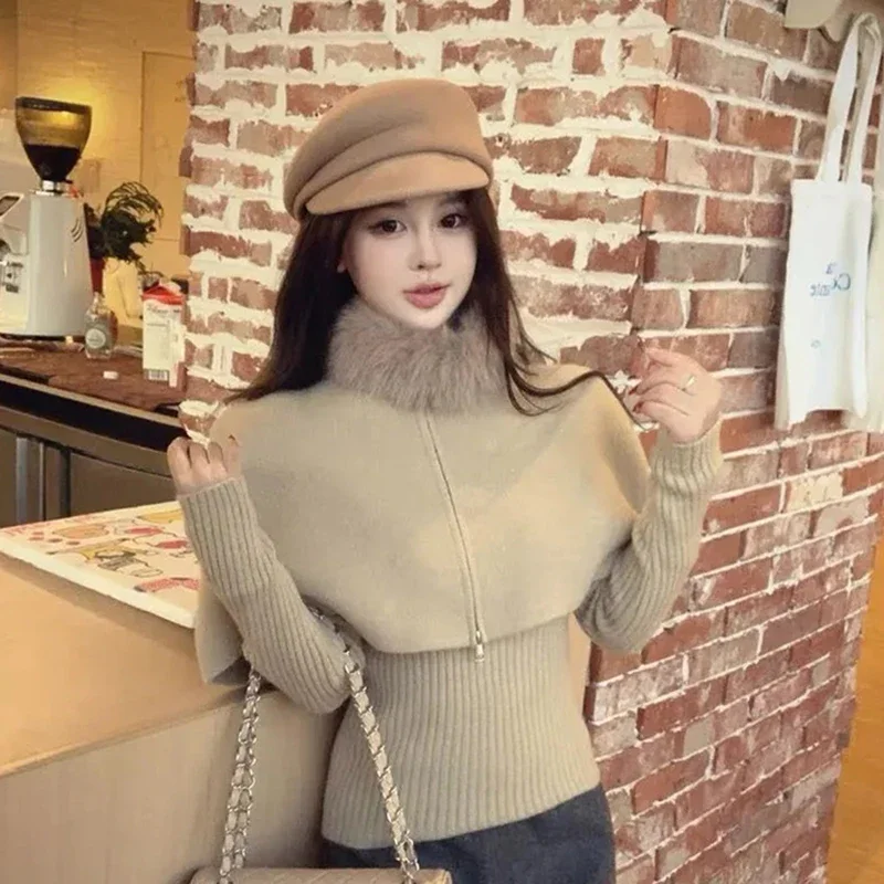 

Elegant Fall Winter 2 Piece Sweater Set Women Korean Sweet Slim Knit Cape Jumpers Long Sleeve V Neck Casual Fashion Pullover Top