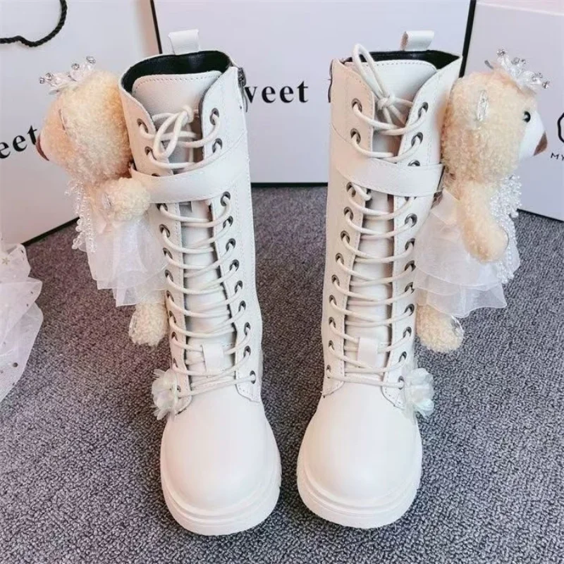 2024 Winter New Children\'s Tall Boots Spring and Autumn Girls\' Little Bear Pearl sequin Side Zipper Fashion Princess Boots