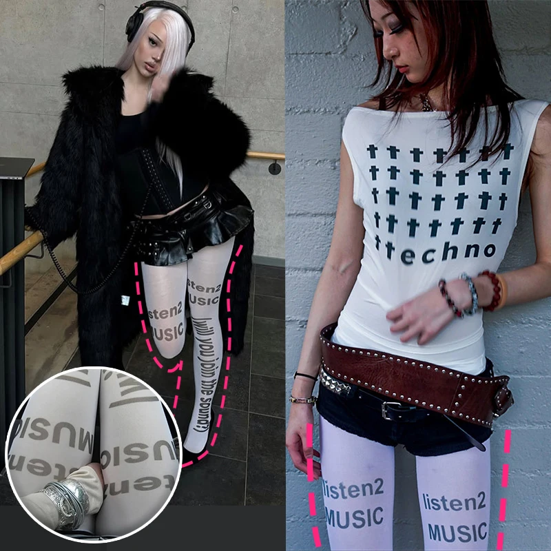 

Сексуальные тонкие узкие чулки с буквенным принтом Y2K, женские летние удобные носки в готическом стиле с персонализированным принтом, одинаковые музыкальные аксессуары