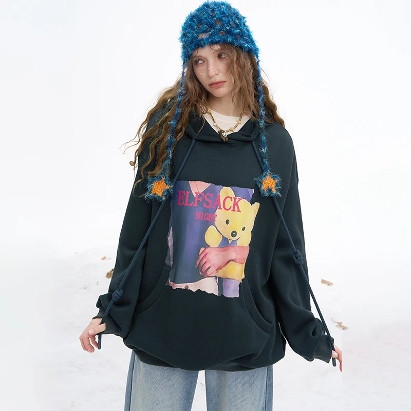 ELFSACK 2025 Winter New Arrivals Y2K Casual Loose Animal Graphic Letter Graphic Solid Hooded Drawstring Sweatshirt For Women