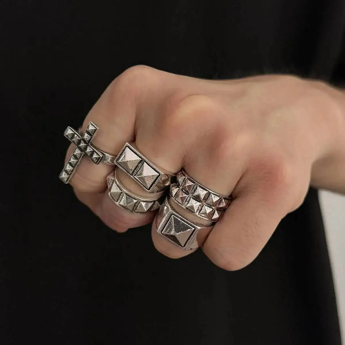 

Salircon 5 Pcs Gothic HipHop Cross Open Finger Rings for Men Creative Punk Rivets Stackable Chunky Knuckle Rings Jewelry Set