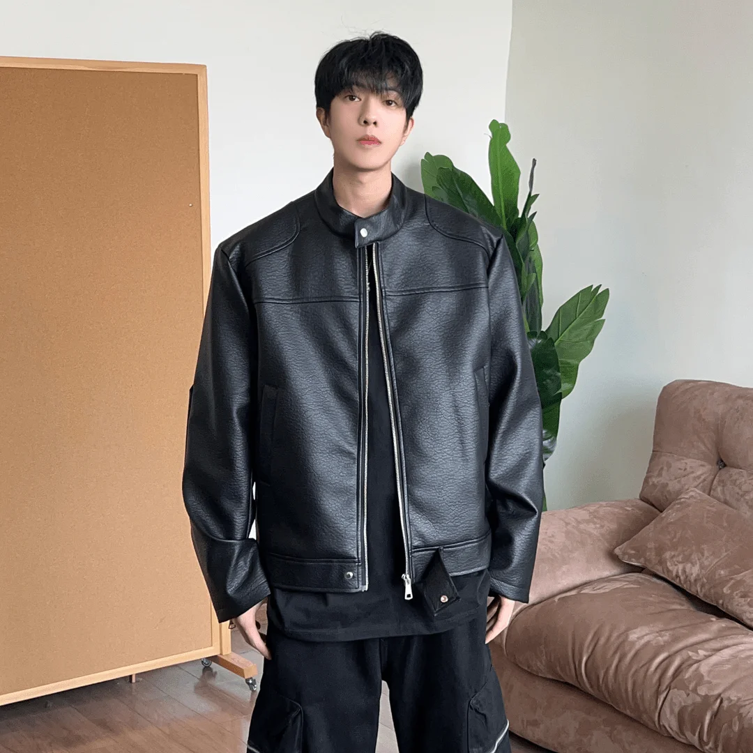 

American Sle ort Biker Leather Jaet Men's Spring Autumn Cleanfit High-End Feeling Cool Stand Collar PU Leather Coat