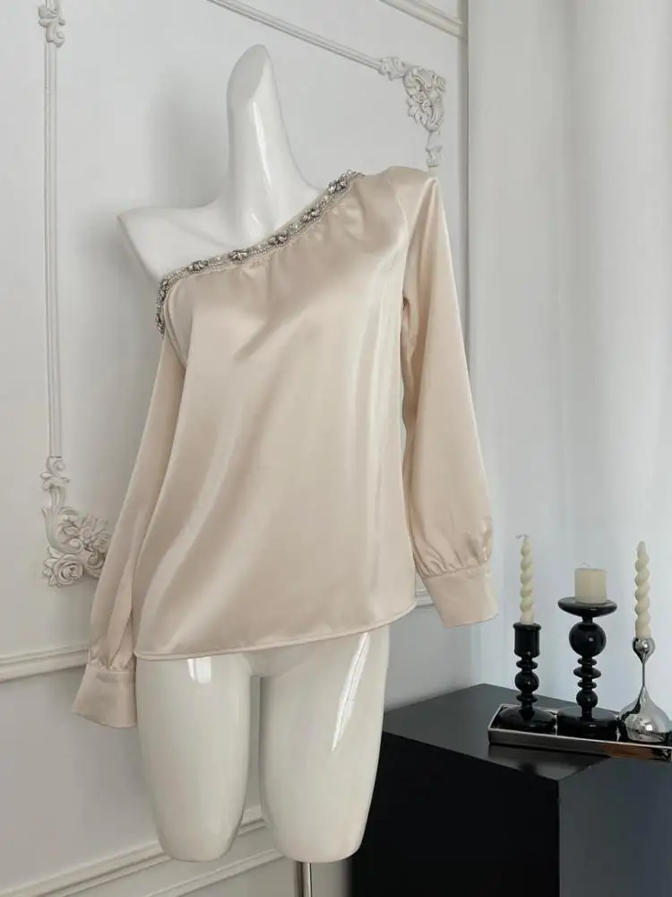 

Spring Autumn Fashion Beige Off Shoulder Diamond Long Sleeved Shirt For Women's Temperament Versatile Chic Blouses Festival Tops
