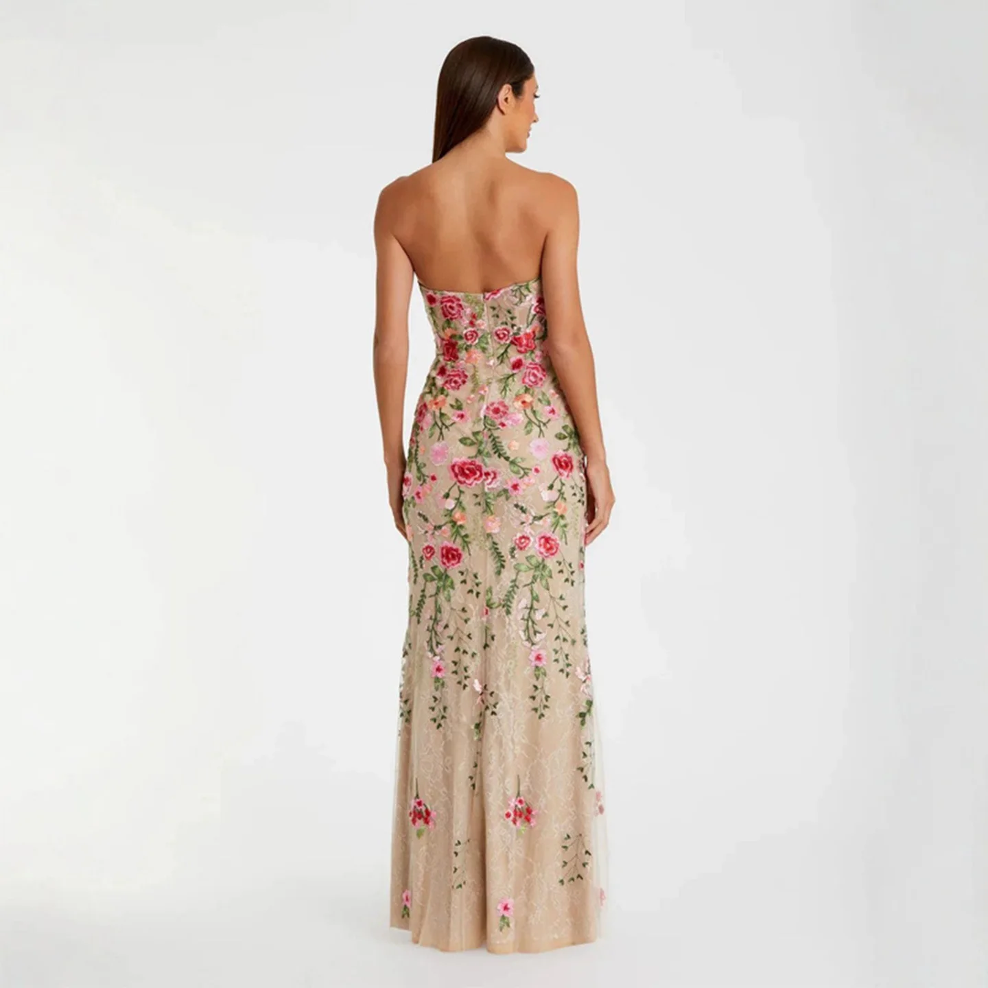 Strapless fishbone waist cinching floral embroidery dress slim fit fish tail evening dress dinner party hip hugging long dress