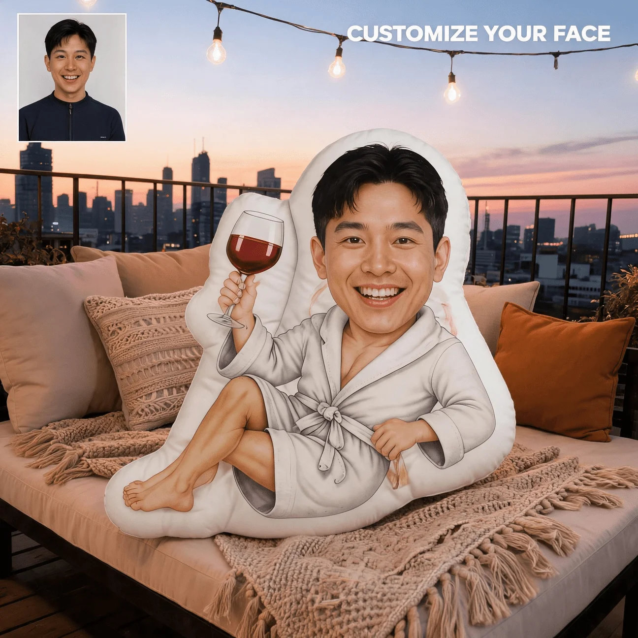 Custom Photo Shaped Pillow, Personalized Face in Bathrobe Holding Wine Glass Decorative Cushion, Funny Novelty Accent Pillow for