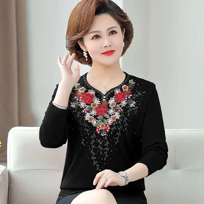 New High-Quality Spring Autumn Knitted Sweater Fashion Middle Aged Elderly Women\'s Knitwear Pullover Lady Embroidery Top T-Shirt