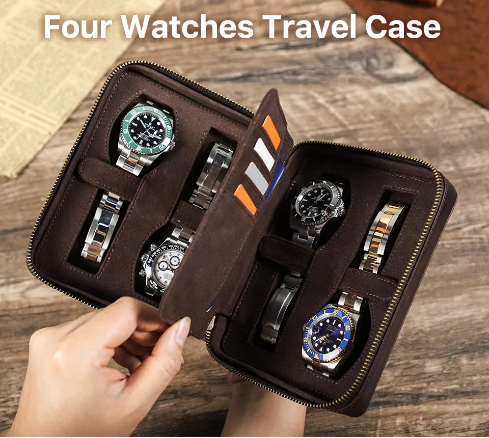 

Genuine Leather 4 Slot Watch Box Display Case Storage Watch Organizer Zipper Travel Watch Collector Case with Card Holder Pocket