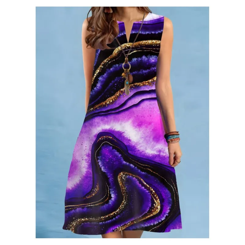 فستان نسائي جديد برقبة على شكل حرف v بدون أكمام بطباعة رقمية فنية قديمة كبيرة الحجم متأرجحة متوسطة الطول مع خصر فضفاض في الصيف Y2k 2026