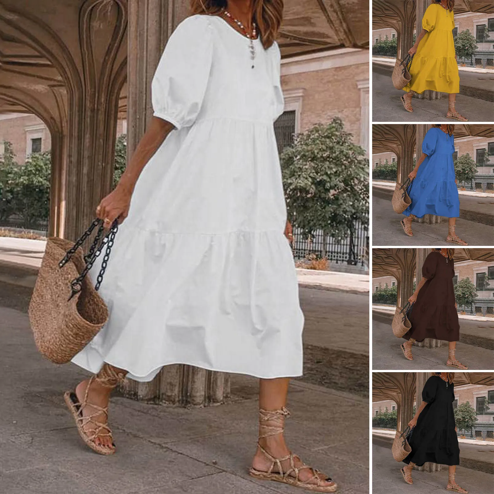 

Women V-neck Long Dress Bohemian Style Midi Dress with Three Quarter Lantern Sleeves Loose Summer Lady Dress Boho Beach Sundress