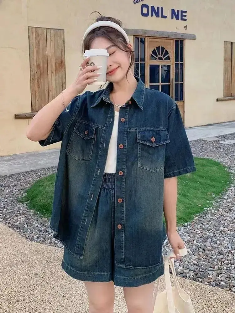 

Новый летний повседневный джинсовый комплект из 2 предметов, рубашка с короткими рукавами, топ, шорты, костюм, женский модный комплект