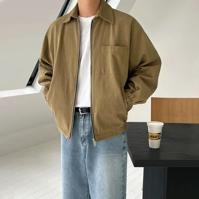 LIBIELIY 2024 Spring New Style Men's Retro Solid Color Turn-Down Collar Jacket, Korean Version Trendy Loose Casual Versatile Coa