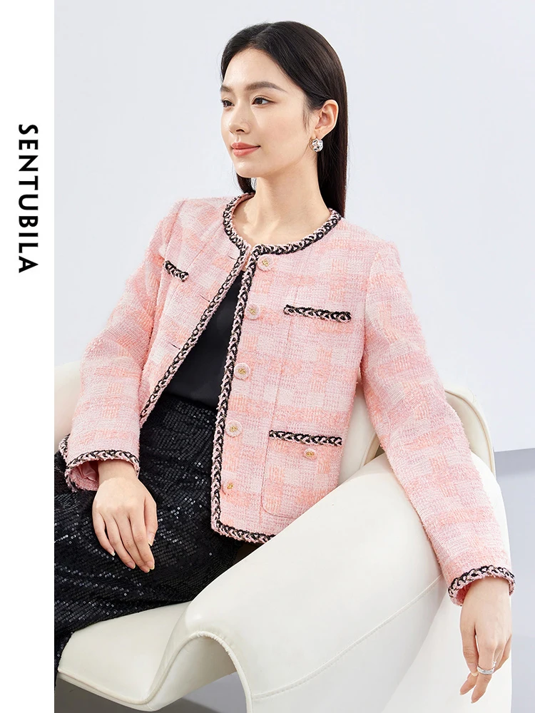 

SENTUBILA Wool Blend Tweed Jackets for Women 2025 Elegant Contrast Round Neck Short Coats Woman Winter Clothing141W52957