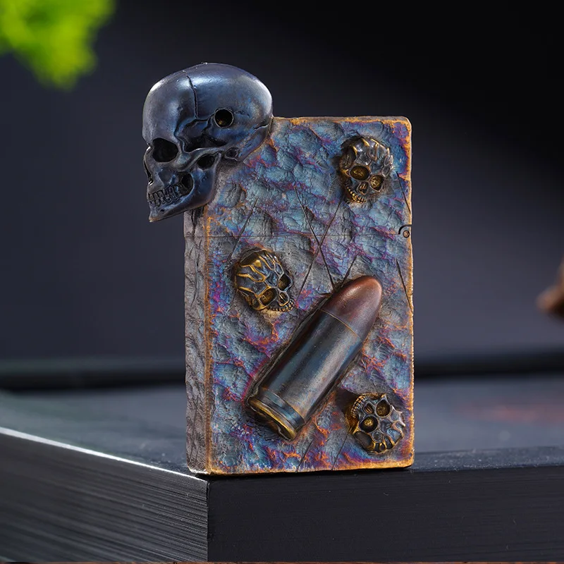 Creative Original Copper Right-angle Small Heavy Armor Hand-embossed Skull Pistol Bullet Grinding Wheel Lighter Oil Machine