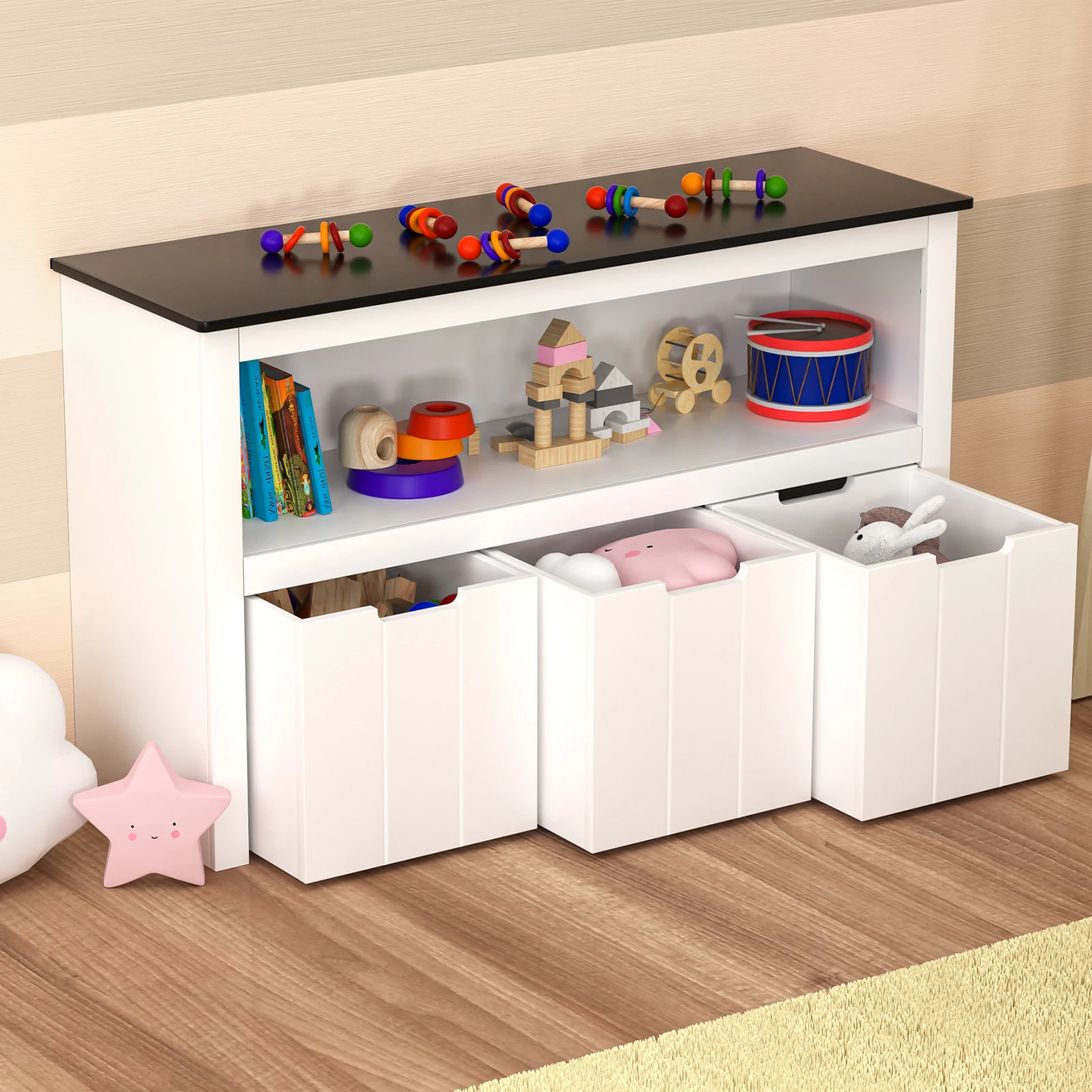 Toy Storage Cabinet with Blackboard, Toy Organizer with 3 Storage Bins and Open Shelf, Wooden Toy Box for Playroom, White/Grey