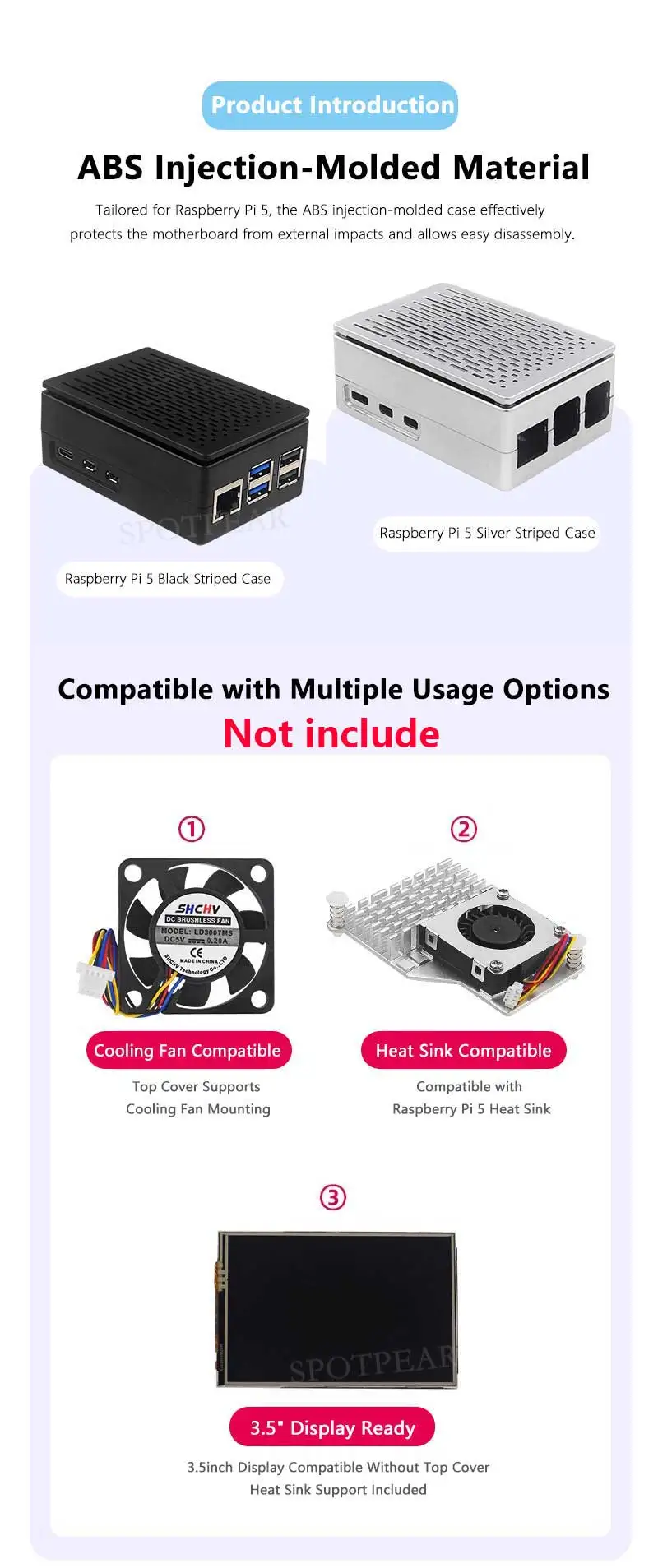 Raspberry PI 5 ABS Case large-capacity Compatible Multi-Purpose with Removable Cover and Fan Mount official cooler, 3.5inc LCD
