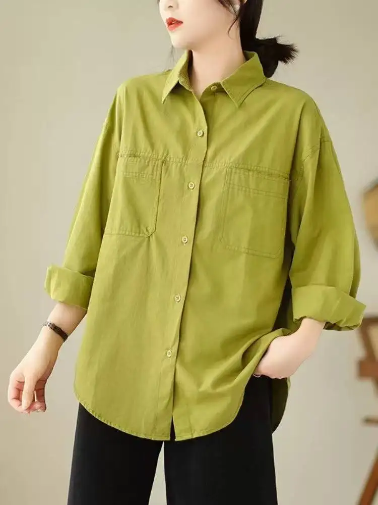 

Женская хлопковая рубашка на пуговицах, повседневная свободная зеленая блузка с карманами, универсальный топ для многослойных образов на весну-лето, новинка