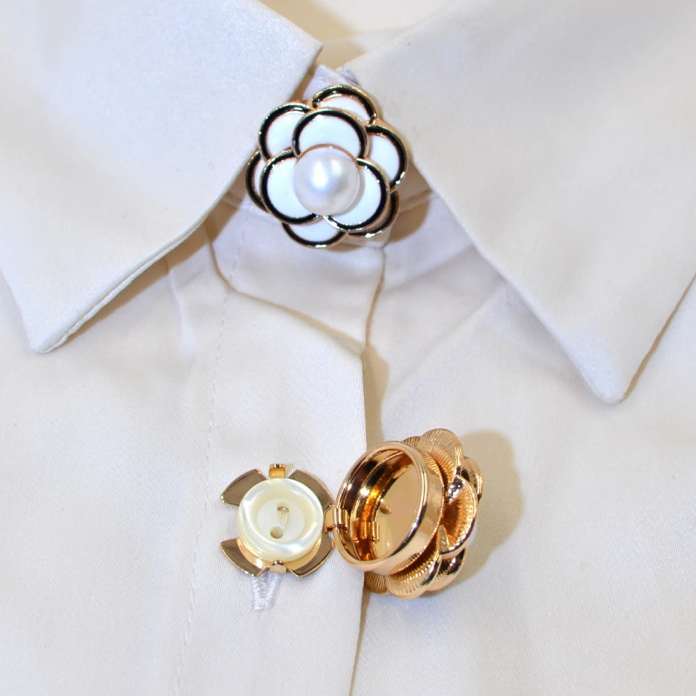2PCS High-end Pearl Camellia Flower Cufflinks for Women Shirt Decorative Button Covers Fashion Jewelry Accessories Gifts