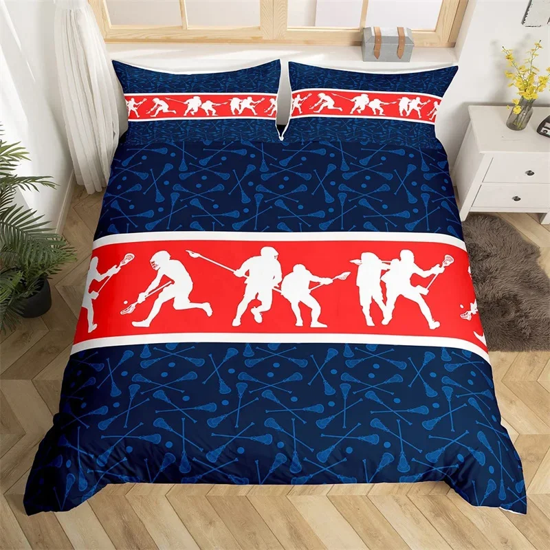 Lacrosse Duvet Cover Sports Theme Bedding Set Single Queen For Boys Gilrs Polyester Lacrosse Player Games Comforter Cover Set