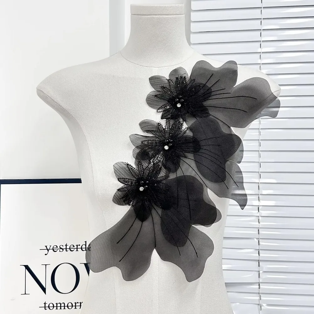 New Multi-layer Organza Flower Patch 3D DIY Embroidery Studded Patch Burning Edge Large Applique Decorative Corsage Accessory
