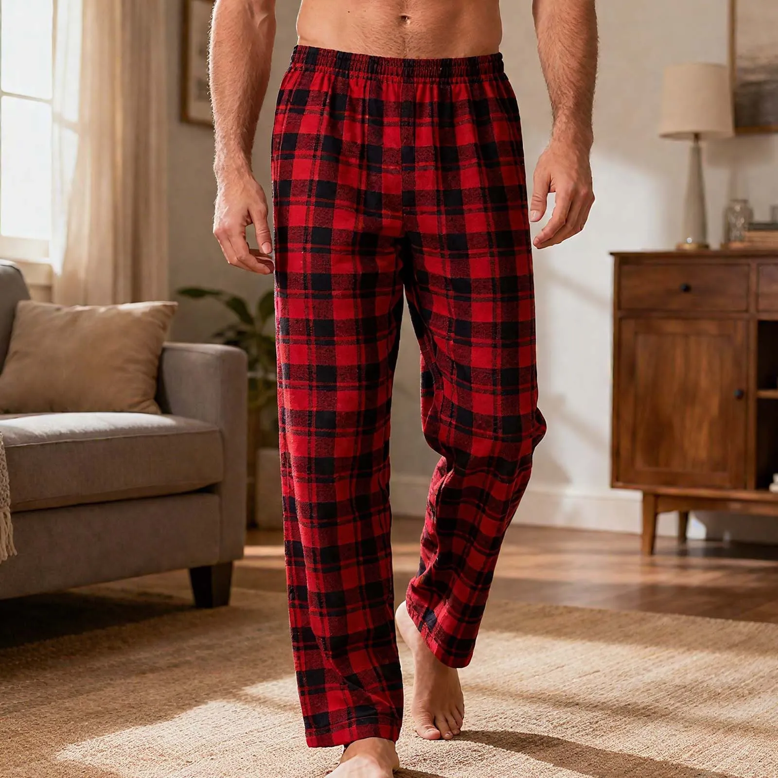 Mens Pajamas Pants with Pockets Fleece Pjs Soft Warm Plaid Pajamas Bottoms Lounge Sleep Pants Loungewear Sleepwear
