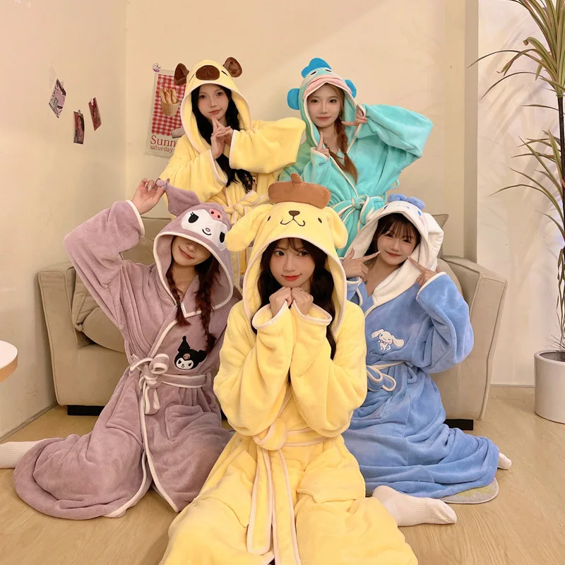 Sanrio Series Cartoon Nightgown Hanton Ugly Fish Melody Kuromi Bathrobe Coral Fleece Quick Drying Towel Kimono Yukata