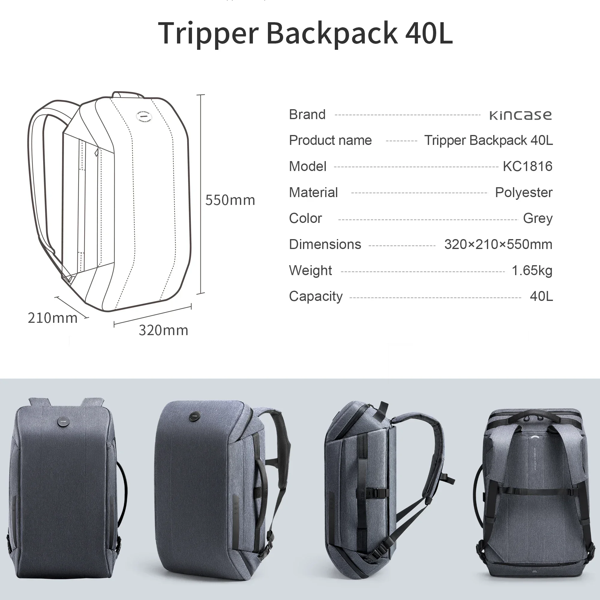 Kingsons 40 L Eaqual to 20 inch Suitcase Men Tripper Backpack 180° Opening with Shoe Pocket&Rain Cover &3.0 USB Charging Port