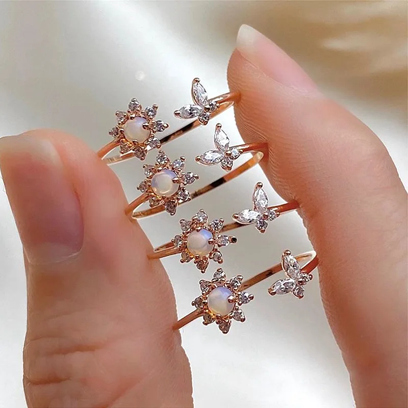 

Jewelry Opal Sunflower Sweet Butterfly Adjustable Ring Blue Oil Drop Flower Rings Three Piece Set