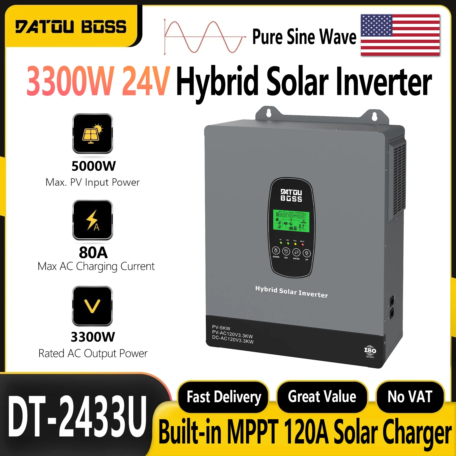 DATOUBOSS 3300W 24V Hybrid Solar Inverter 5000W PV Input Pure Sine Wave 120V AC Output Off Grid Solar Charger Inverter with LCD Display RS485 Communication