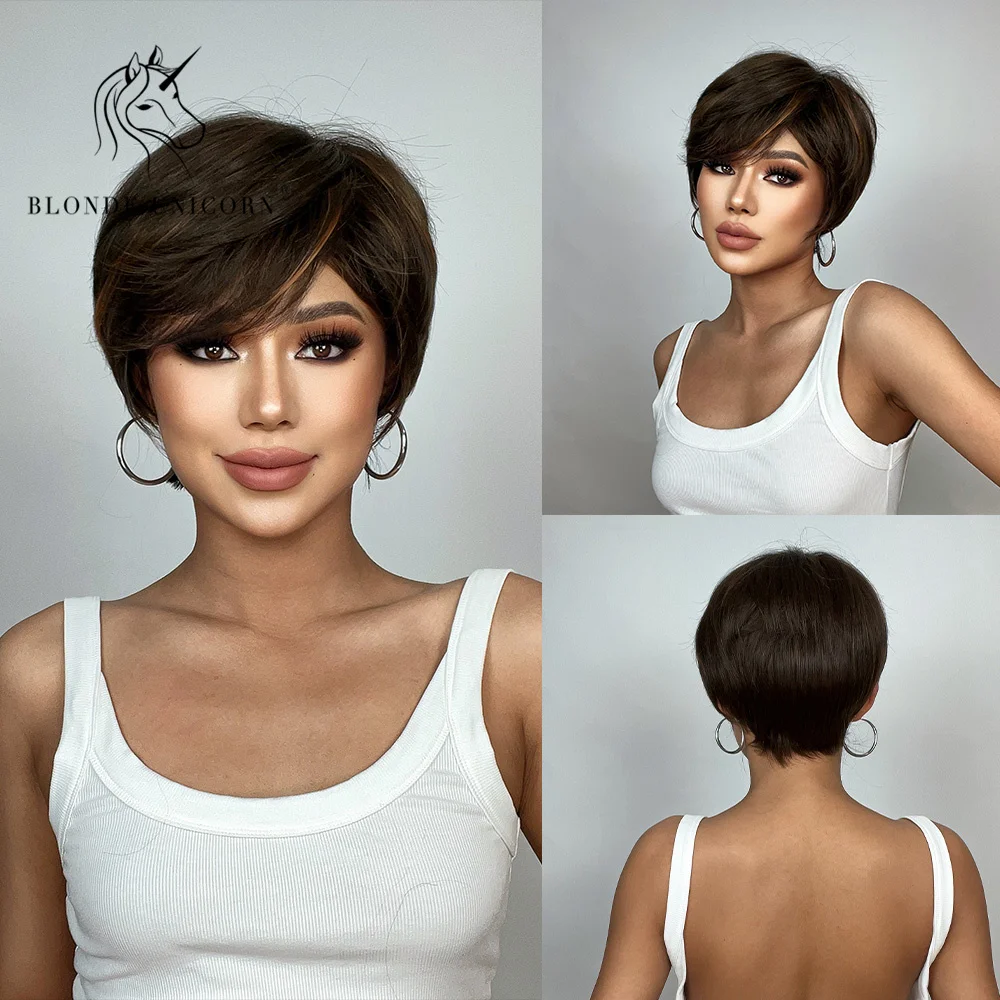 BLONDE UNICORN Blayage Brown Blonde Blcak Short Wig Synthetic Natural Straight Hair Wigs For Women Daily Heat Resistant Fiber