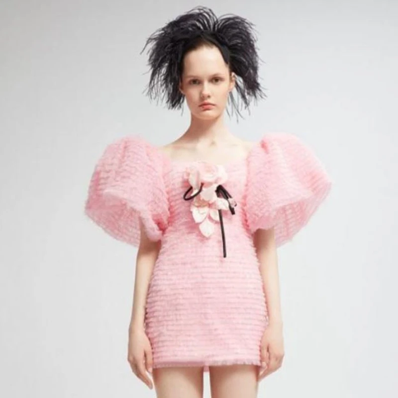 

Puffy Short Sleeve Light Pink Square Neck Mini Dress Ruffles Layered Tulle Summer Dress Women 2022 Flowers Dress Ever Preety