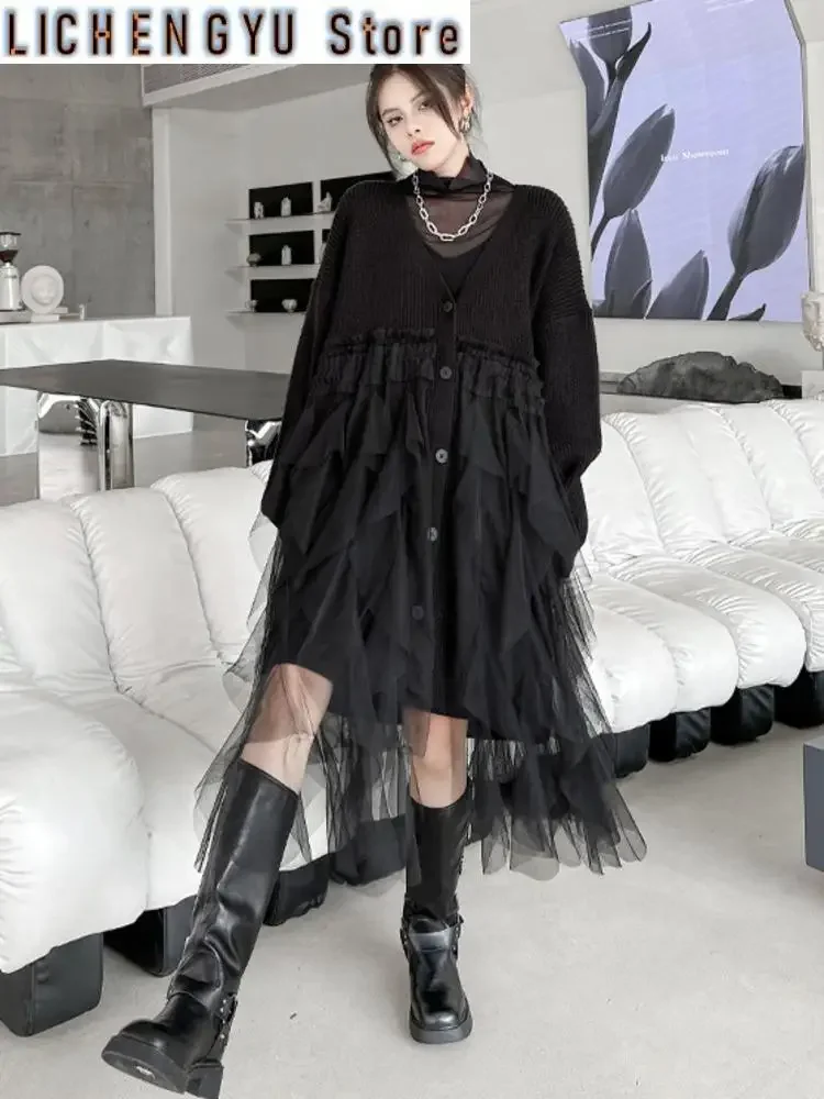 

Women Black Big Size Knitting Mesh Irregular Sweater Dress New V-Neck Long Sleeve Fashion Spring Autumn