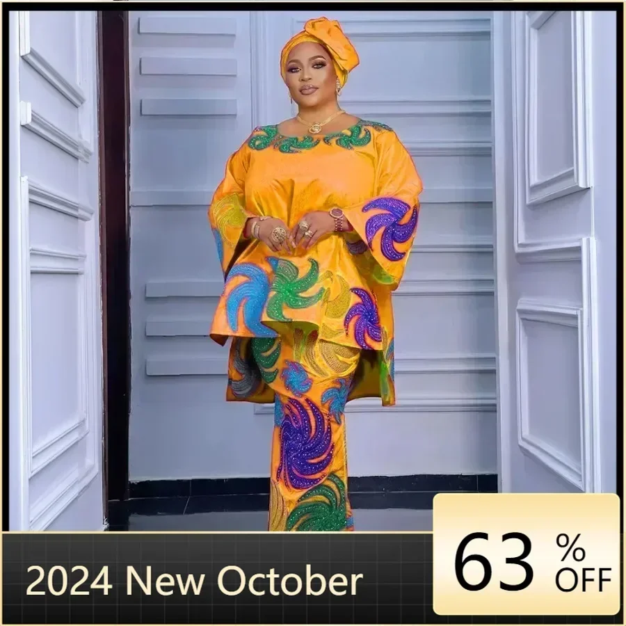 

Plus Size African Clothes for Women Dashiki Tradition Outfit Robe Embroidery Tops Skirt Suits Bazin Muslim Wedding Party Dresses