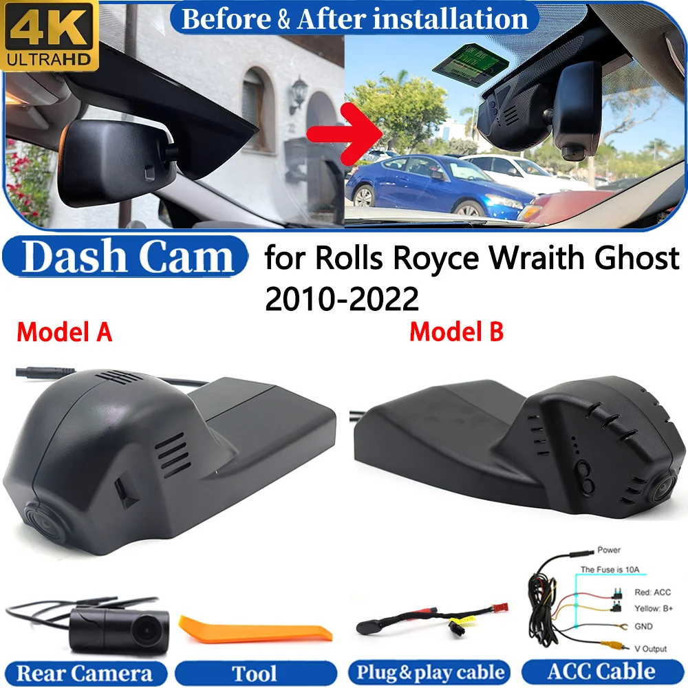 Cámara para salpicadero para Rolls Royce Wraith Ghost 2010-2022, cámara frontal y trasera 4K UHD DVR, grabadora de vídeo, Plug and Play