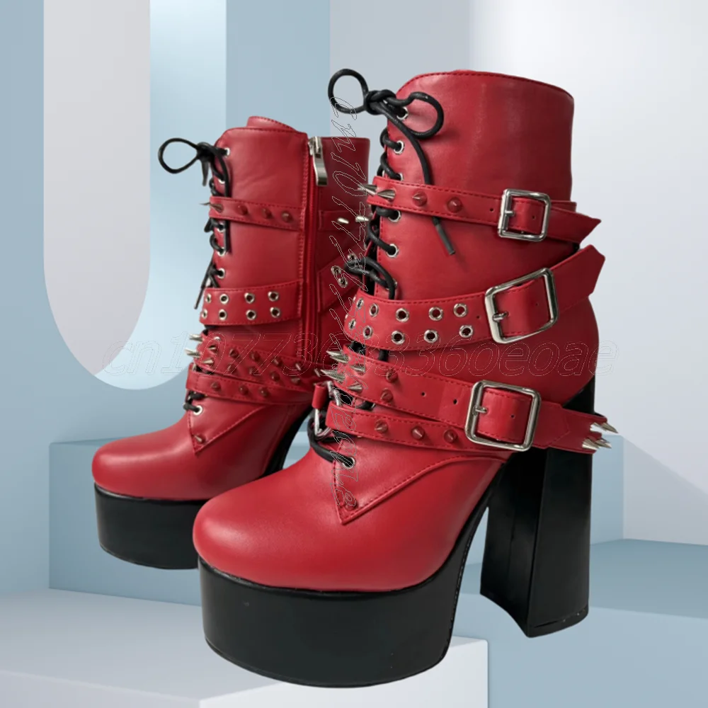 

Red Matte Leather Ankle Boots with Front Buckle Pointy Rivet Decor Thick Heel Fashion Women Shoes 2025 Zapatos Para Mujere