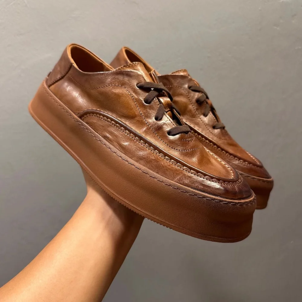 

British Retro Men's Soft Cowhide Leather Shoes 2025 New Style Lace-Up Thick Sole Casual Durable Versatile Slip-On Footwear