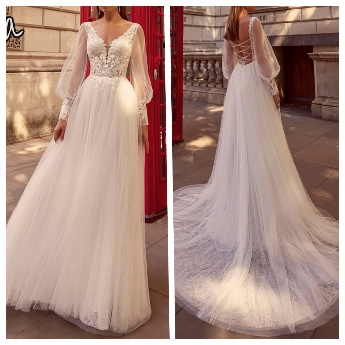 

Floria Sexy Lace Backless Wedding Dresses Long Sleeves V-Neck Bridal Gowns With Train Beach Boho Bride Dress