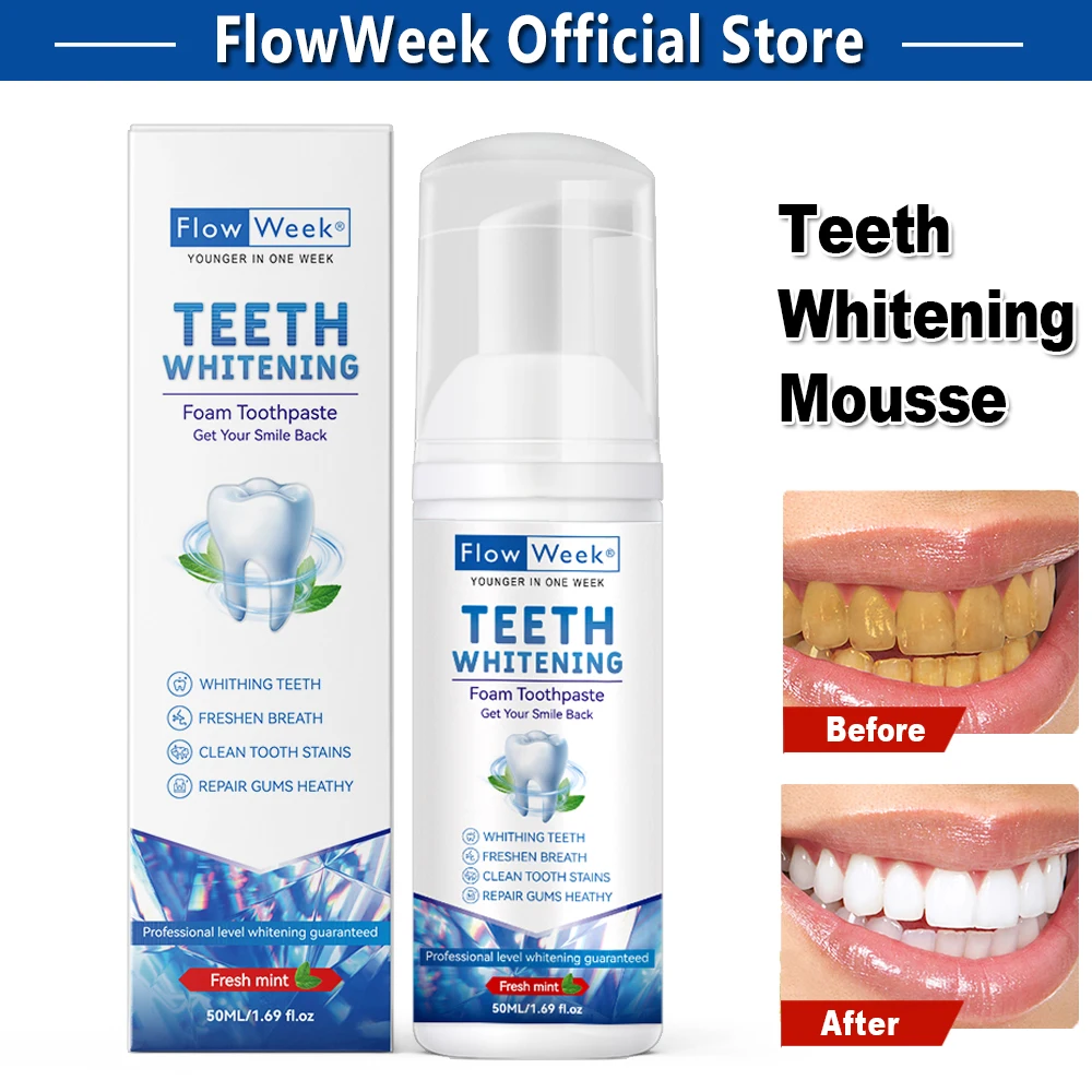 FlowWeek Teeth Whitening Mousse, ultra-fine mousse foam deeply cleans gums, removes stains, removes plaque, gum repair, caries p