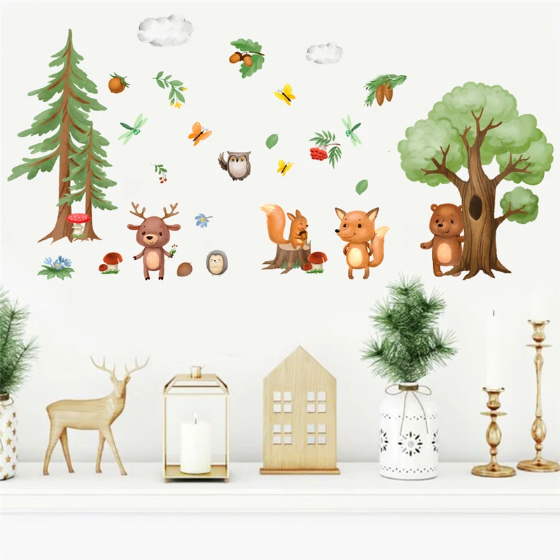 Woodland Animals Wall Stickers Cartoon Fox Bear Squirrel Peel & Stick Mural For Kids Bedroom Playroom Decoration Diy Home Decal