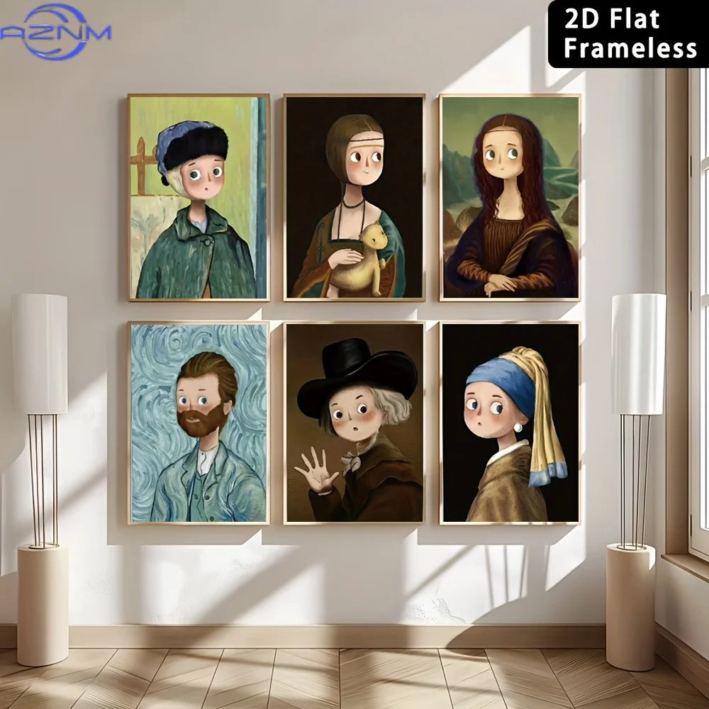 6pcs Frameless Cartoon Style Masterpiece Replica Set - Modern Canvas Paintings, Frameless Wall Decoration, Suitable for Living R